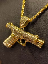 Herren Halskette Pistole in Gold Rapper Hip Hop viele Zirkonias glitzert schön