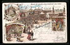 Lithographie Wiesbaden, Volksfest Andreasmark, Menagerie und Rutschbahn 1896 