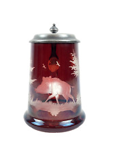 Krug Humpen Glas Zinndeckel geschnittener Dekor Wildschwein Sau Jagd 20. Jahrh.