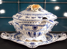 große antike Prunk Suppen Deckel Terrine Unterteller Kelle Italien Bassano blau