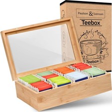 Teebox aus Holz mit 8 Fächern - Tee Aufbewahrung Box Bambus - Teebeutel Behälter