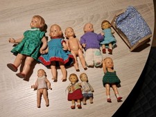 Schildkröt Puppen alt, Set, 9 Stück, Puppenbett, Verschiedene Größen