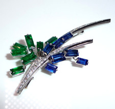 Brosche Anhänger 750 Weißgold 1.0ct Diamanten Smaragde Saphire 60,0 mm lang 9,1g