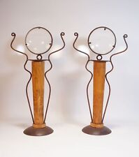 Vintage Loft Style Paar seltene große Kerzenhalter Shabby Chic Glas Holz Metall