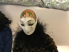 Porzellan Puppe Clown Harlikin sehr fein gearbeitet H36cm Echtheits-Zertifikat