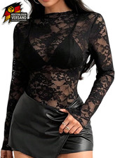 Spitzen Top Damen Mesh Langarm