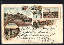 Lithographie Scherfede, Bahnhof von der Gleisseite, Scherfeder Wollfabrik 1900 