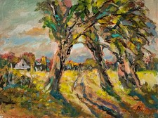 Ölbild Impressionist Alexander Kwiatkowski Sommerlandschaft mit Bäumen Polen