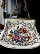 Vintage Damenhandtasche Gobelin Petit Point Lederbügel