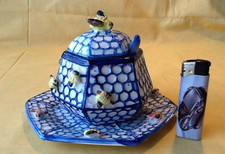 Keramik Honigdose mit Untersatz 4 tlg Honigtopf Honigfass Bienenstock mit Bienen