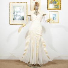 Vintage 1980er Elfenbein Gold Brokat Abendkleid durchsichtig Godet Paneele passender Bolero