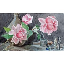 Aquarell Stillleben Rosen Ägypten sitzender Pharao Skarabäus Vase Mitt 19 Jhd