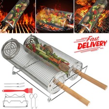 2x 30cm Nestendes Rollendes Grillkorb Set, Abnehmbarer Holzgriff, Edelstahl
