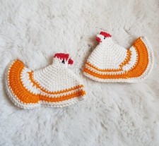 Häkel Strick DIY Eierwärmer Wolle Stretch Huhn Ostern Hühner 11x7cm weiß orange 