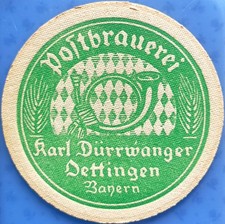 Alter Bierdeckel Postbrauerei Karl Dürrwanger Oettingen Bayern um 1940-50