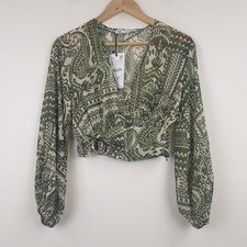 Zara Bluse Damen klein grün Paisley cropped V-Ausschnitt transparent gerafft Oberteil