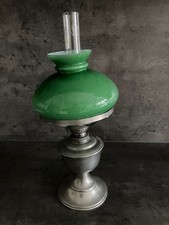 Tischlampe aus Zinn mit grünem Glasschirm, funktioniert mit Lampenöl