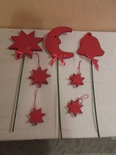 7er Set Advent-Dekoration auf Holzstab, rot - Glocke, Stern, Mond