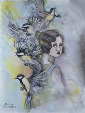 Vögel Kohlmeise Porträt Aquarellbid Unikat 30x40 Handgemalt