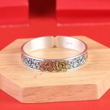 F05 Armreif goldene Pfingstrosen Ranken Feinsilber Silber 999 Armspange