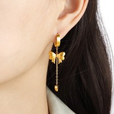 Edelstahl Creolen mit Schleife & Herz Anhänger, Goldfarben, Lange Ohrhänger Dame