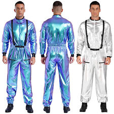 DE Herren Astronaut Kostüm Sliber Jumpsuit Einteiler Overall Glänzend Raumanzug