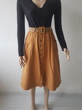 Damen Midi Rock Herbst Senfgelb Herbstrock Midirock Stretch Rock Braun Taschen