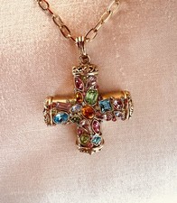 Statement Kette Halskette mit Anhänger Kreuz bunte Steine massiv goldfarben