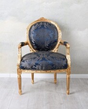 Sessel Barock Palazzo Stuhl Antik Barockstuhl Holzstuhl Gold Polsterstuhl Blau