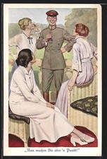Soldat mit Monokel und Eisernem Kreuz zwischen drei Frauen, Ansichtskarte 
