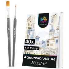 OfficeTree Aquarellblock A6 300g /m² 40 Blatt und 2 Pinsel - Aquarellpapier Weiß