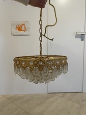 50er Jahre Messing Kristall Kronleuchter 3 Reiher Lüster Deckenlampe 