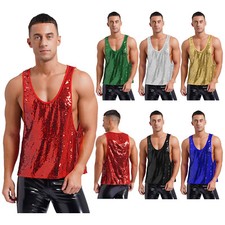 Herren Tanktop 70er Jahre Oberteil Mode Bluse Sparkle Unterhemd Metallic Top