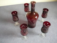 5 Likörgläser + Flasche, Rubin-Rot, Vintage, Kristall Glasschliff