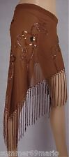 NEU! HÜFTTUCH STOLA DREIECKS-TUCH  FRANSEN BRAUN MIT PAILLETTEN 153 x 98cm  (A)
