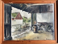EXPRESSIONIST ALTER HOF HAUS WERKSTATT SCHUPPEN MIT FAHRRAD MILCHKANNE AQUARELL 