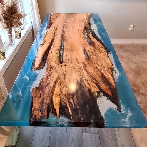 Blue epoxy river table - blue, top