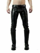Herren Schwarz Echt Lammleder Leder Hose Motorrad Biker Gesteppt Retro Hose
