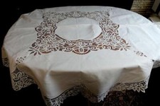 EXQUISITE ALTE HANDARBEIT BAUMWOLL TAFELTUCH BRÜSSELER SPITZE 170CM RUND