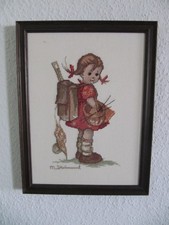 Bild, Hummel Motiv, Einschulung,Mädchen mit Ranzen,Kreuzstich,Handarbeit,Rahmen
