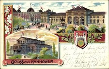 Litho Hannover in Niedersachsen, Theater, Post, Bahnhof, Wappen - 4741226