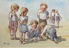 Vintage Geoff Barnsby Aquarell Gemälde spielende Kinder signiert mit Reittier