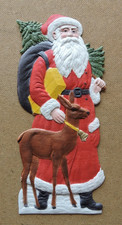 alt großer Dresdner Pappe / Weihnachtsmann Nikolaus Geschenk Reh / H: ca.28,5cm