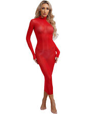 DE Damen Bodycon Kleid Transparent Langarm/Neckholder Minikleid Bleistiftkleid