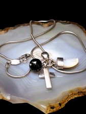 FOSSIL Anhänger Silber 925 Kreuz Glaskugel Perlmutt Zahn + Kette 42cm anmutig