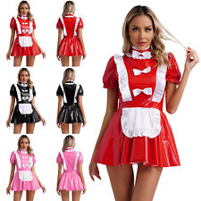 DE Damen Maid Dienstmädchen Cosplay Kostüm Sexy Lackleder Minikleid Dessous