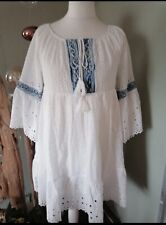 ❤️ Sexy Woman ❤️ Lochstickerei * Tunika Kleid* weiß Jeans Optik S/M 36 38 40