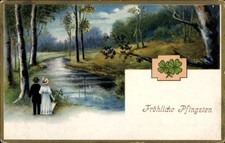 Ak Glückwunsch Pfingsten, Liebespaar, Wald, Spaziergang, Glücksklee - 4503904