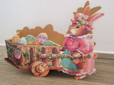 Holzwagen Ostern Wagen Nostalgie Glanzbild Osterhase Handkarren Landhaus Deko