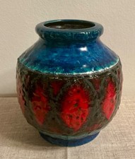 West German Pottery midcentury Vase Bay Keramik Form 371-14 blue blau red black